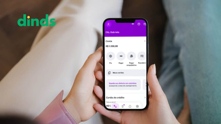 Interface de um aplicativo de banco digital, mostrando opções de pagamento, controle de gastos e transferências via Pix.