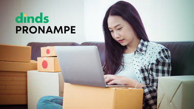 empreendedora utilizando laptop cercada por caixas de produtos com logo do Dinds e Pronampe ao fundo