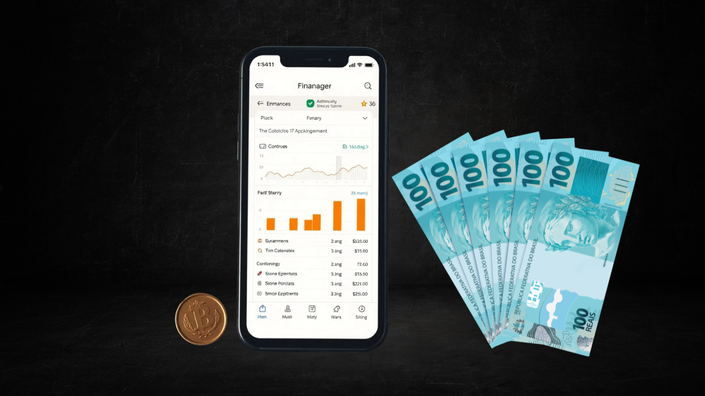 aplicativo de gestão financeira em um smartphone ao lado de cédulas e moedas, simbolizando a organização digital para a aposentadoria
