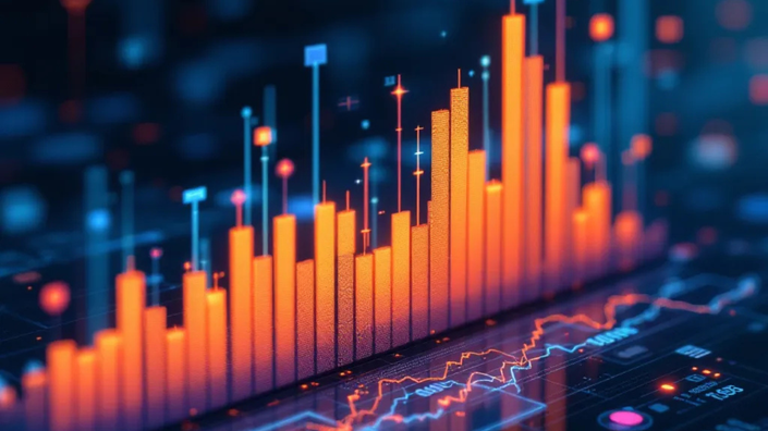 ilustração de dados digitais interagindo com gráficos financeiros, simbolizando a atuação das insurtechs no mercado de seguros.